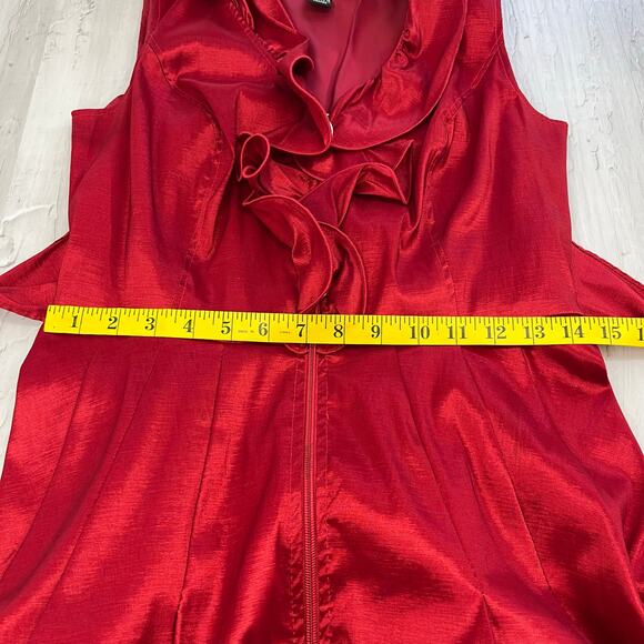 Frank Lyman Red Shiny Bubble Hem Belted Ruffle Sexy Zip Up Cocktail Party Dress - Picture 12 of 13